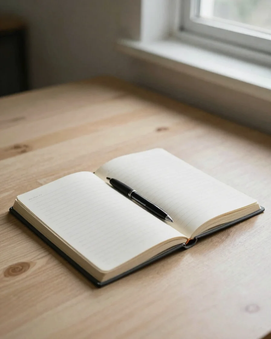 Editorial photograph of an open notebook and a pen resting on a pale wooden desk, soft natural daylight from a window, r